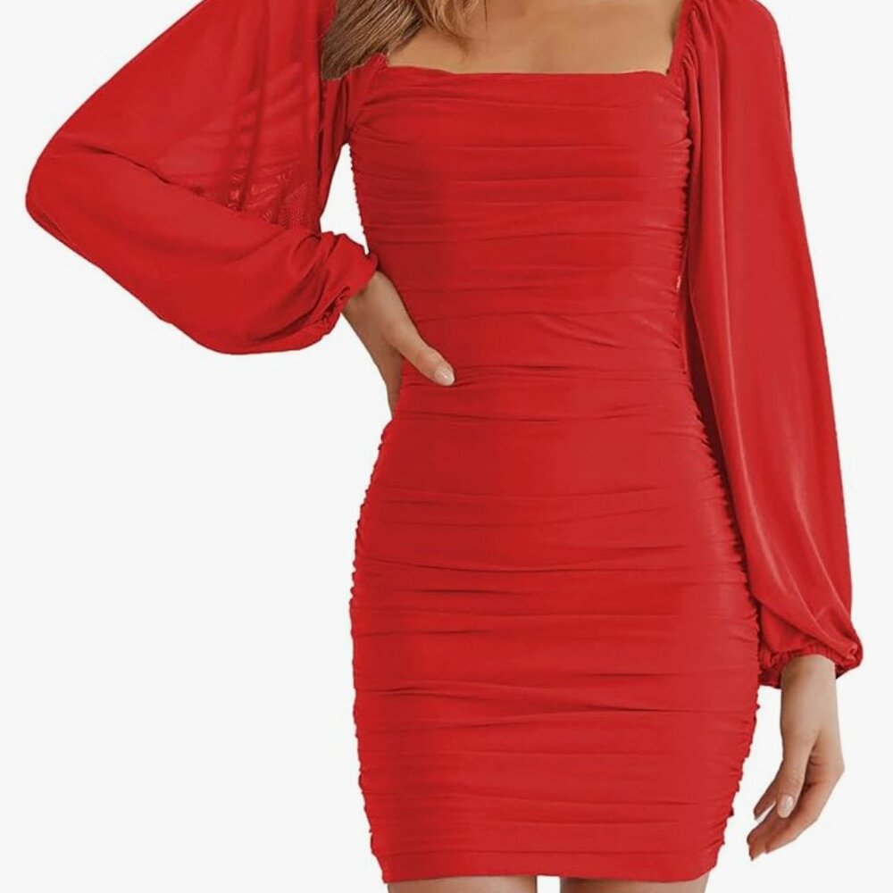 Merokeety Red Ruched Long Sleeve Dress